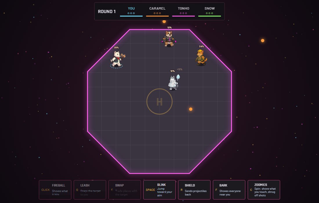 Four dogs throwing fireballs at each other on a neon octagonal rooftop with a helipad mark.